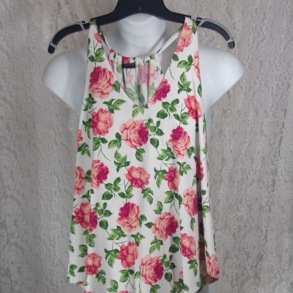 First Love White Rose Print KnitTop Blouse Drawstring Neckline